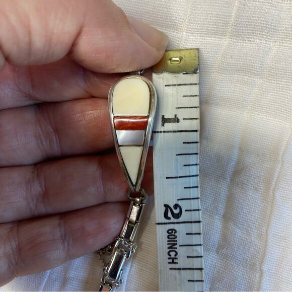 Sterling silver Zuni inlaid watch band old pawn mother of pearl coral and bone - Picture 7 of 7